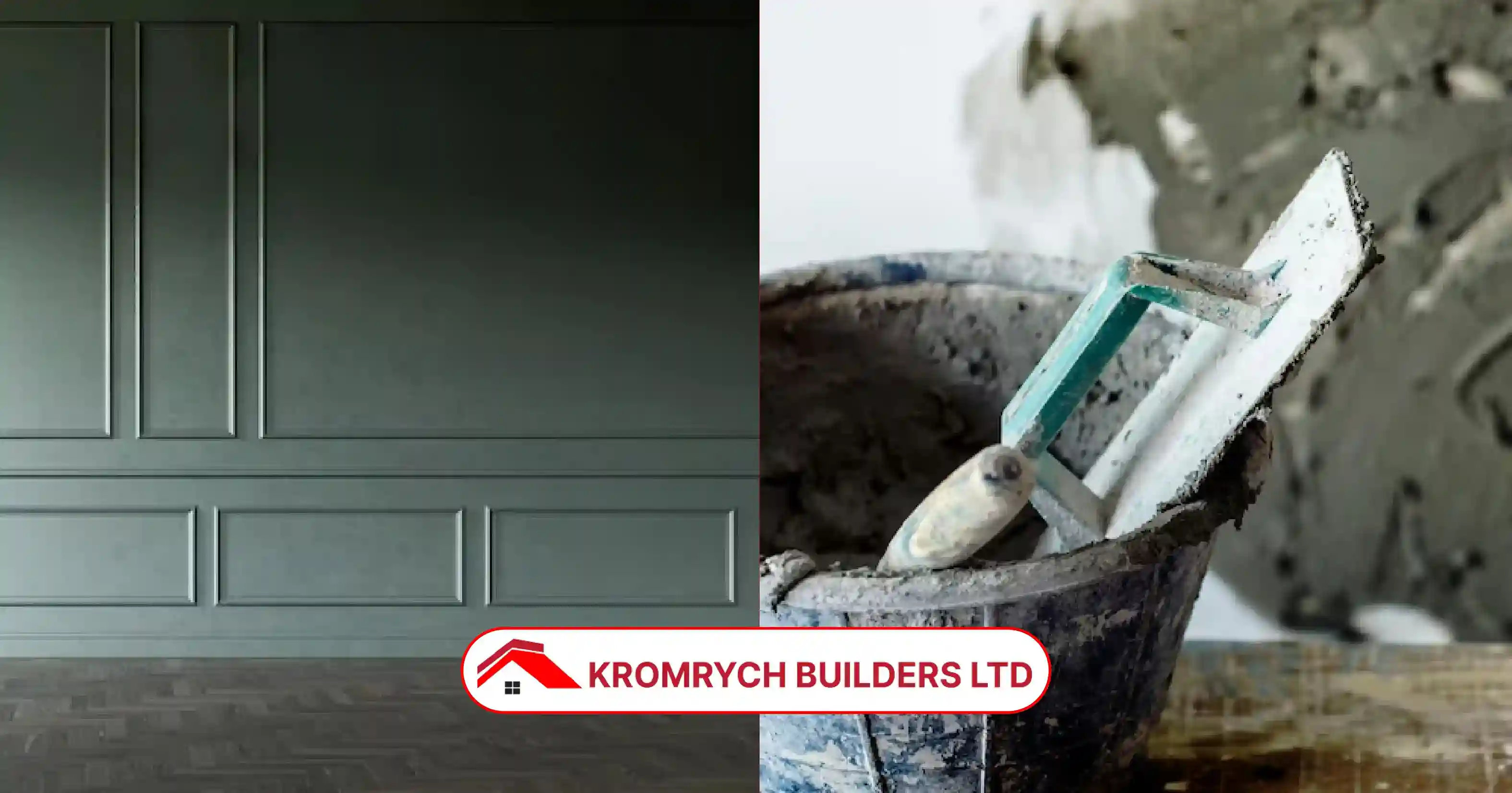 Side-by-side view showing a smooth plastered interior wall and tools used for exterior wall rendering, by Kromrych Builders.