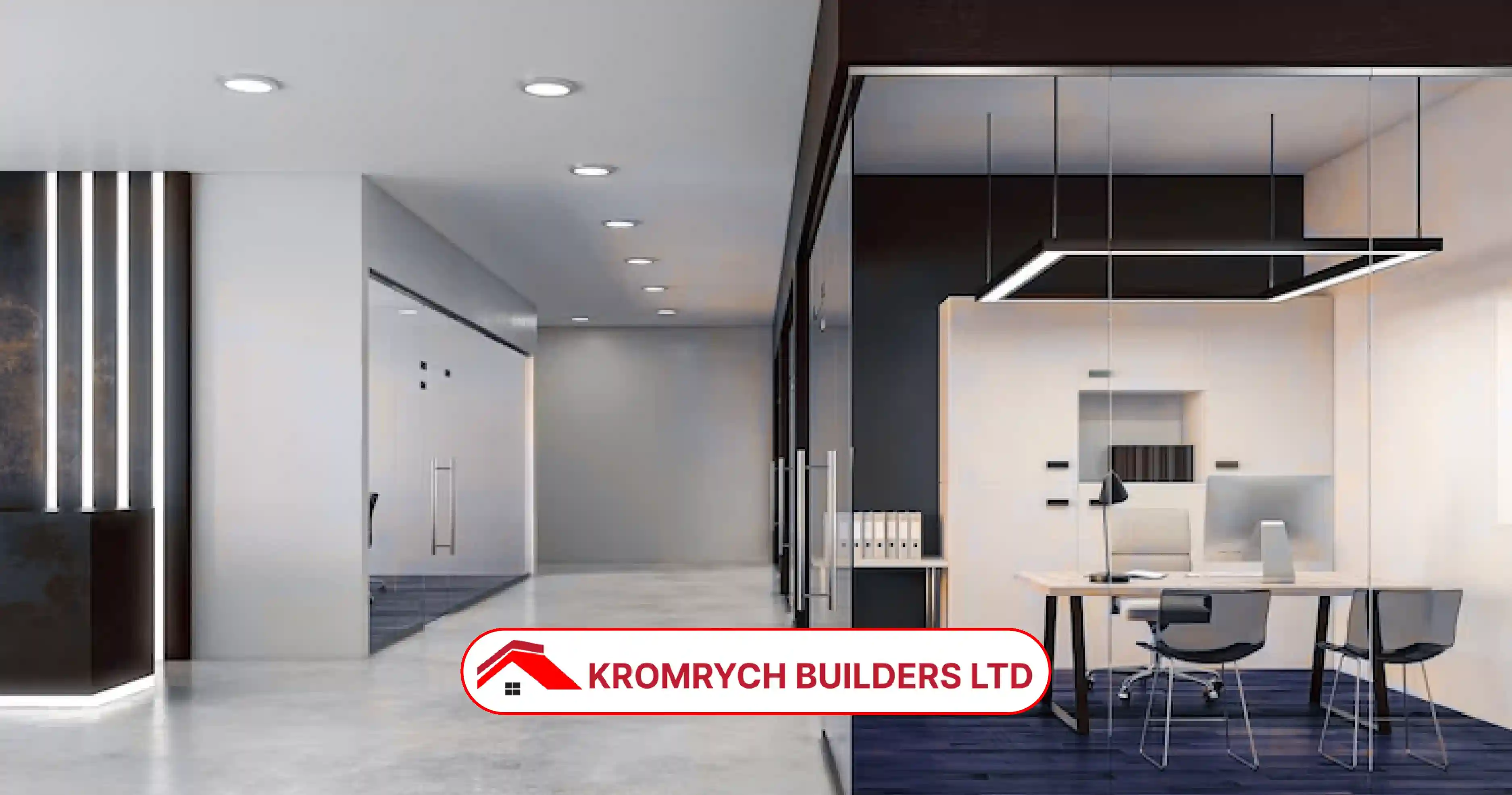 Modern and stylish office interior after a creative refurbishment by Kromrych Builders—discover workspace designs that boost productivity.