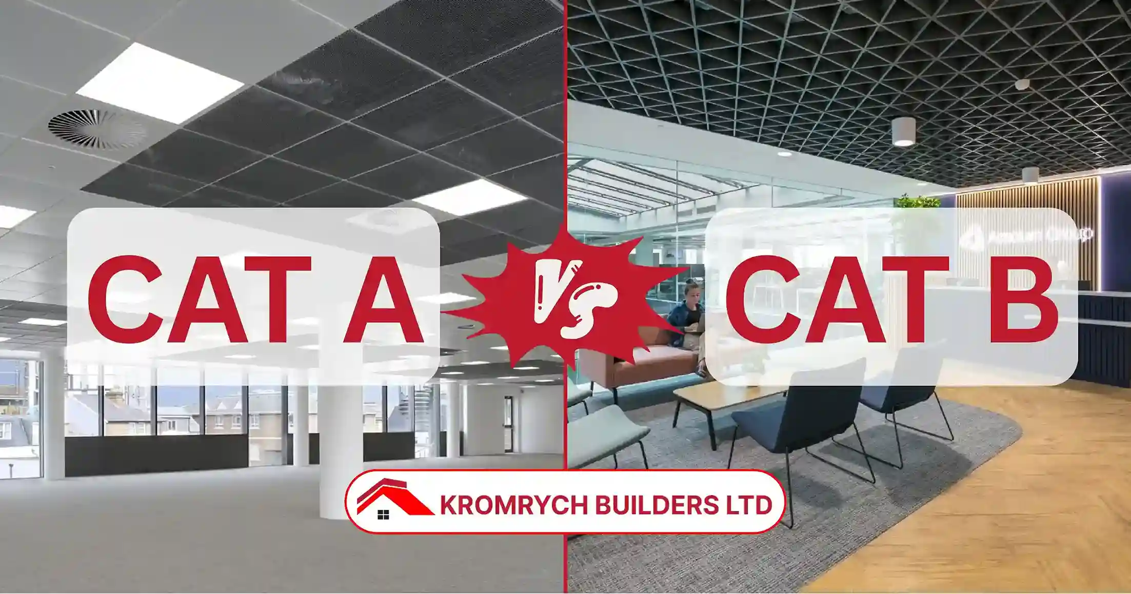 Side-by-side comparison of Category A and Category B office fit-outs showing a basic empty space versus a fully furnished and branded office by Kromrych Builders Ltd
