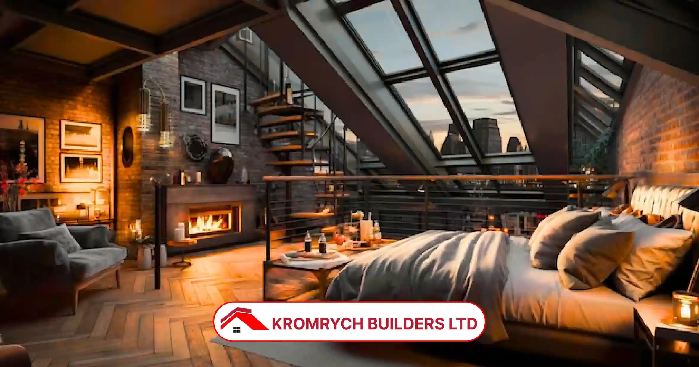 Luxury loft conversion in Bracknell with stunning skyline views, modern design, and cozy fireplace - see how your attic can look next!